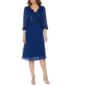 Maya Brooke 3/4 Sleeve Embroidered Jacket Dress sequin knee length blue